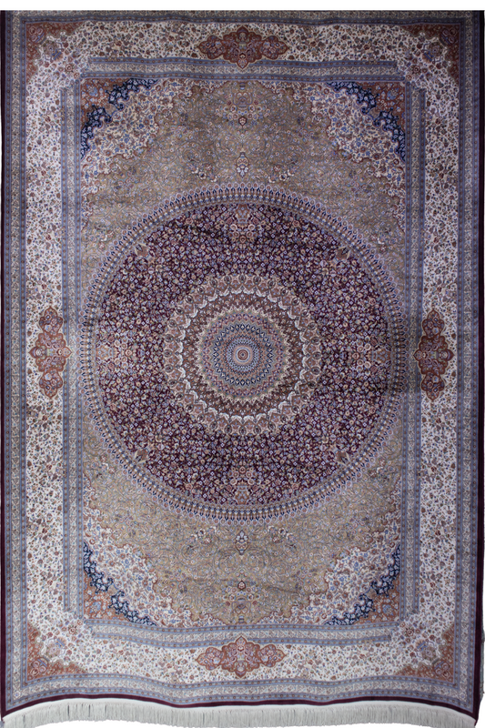 Decorative rug with intricate patterns and colors on a plain background